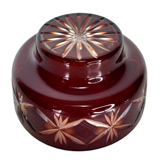 VTG Faberge Ruby Red To Clear Diamond Cut Crystal Starburst Atomic Pedestal Bowl - Picture 9 of 13